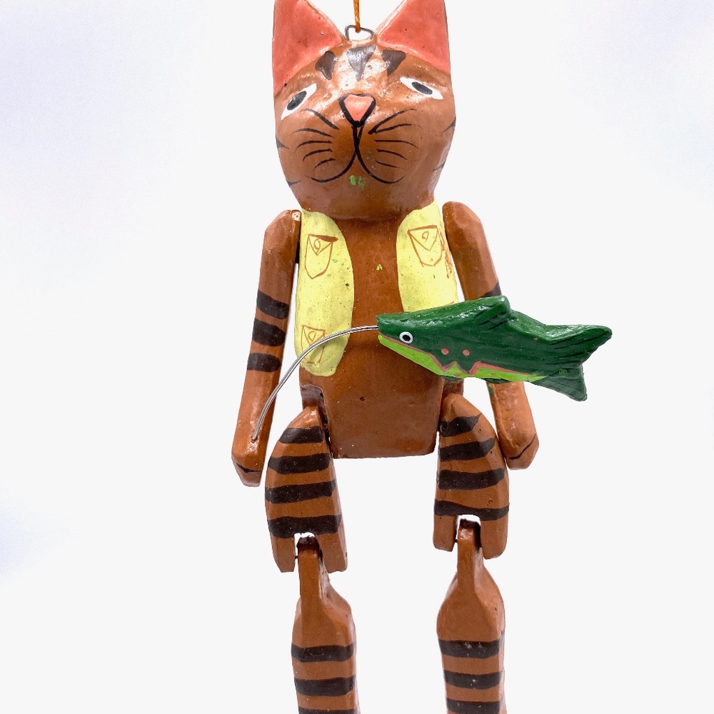 Monkey Business Hand Carved Cat Fishing Christmas Ornament